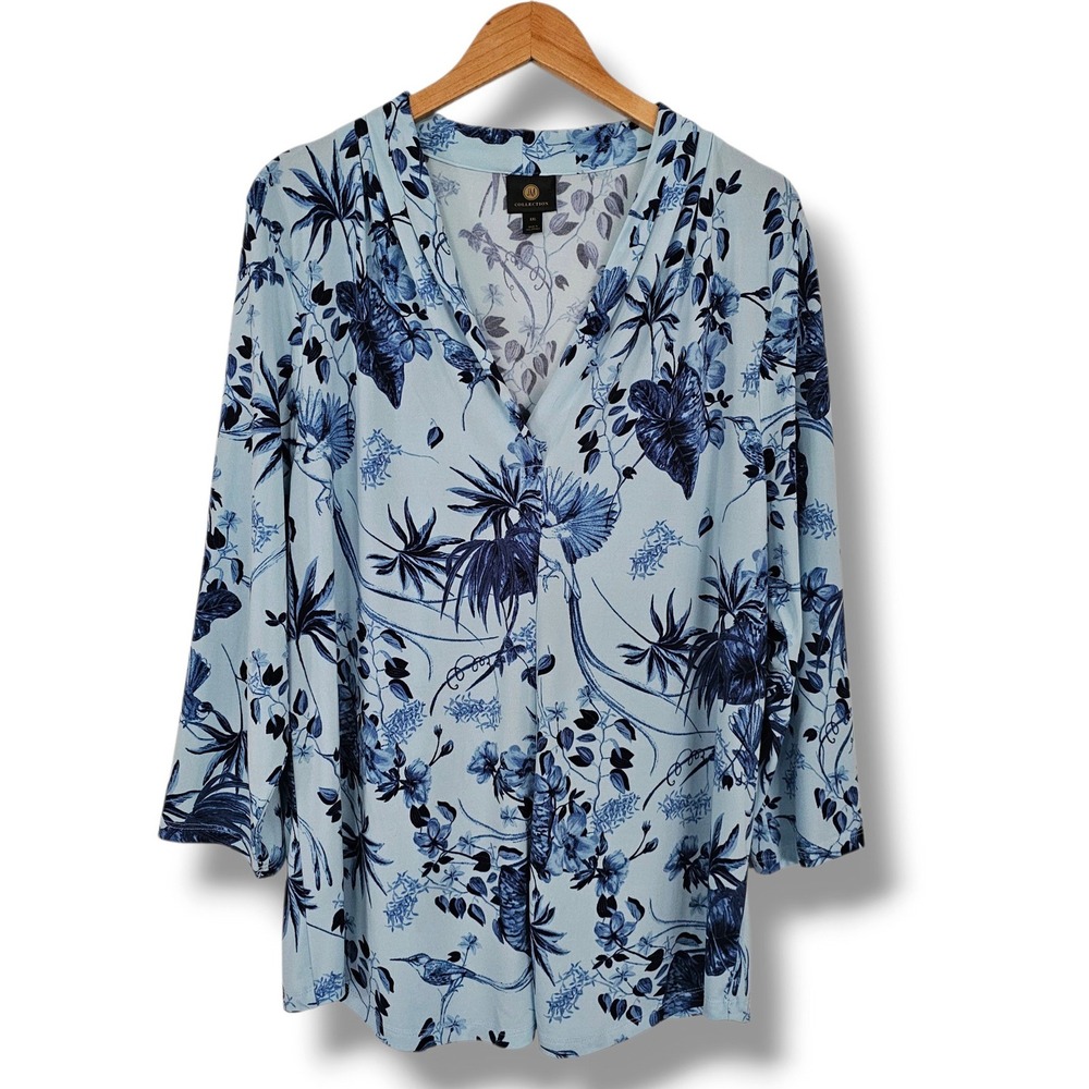 JM Collection Top XXL Womens Blue Floral Leaf Bird Print V-Neck Stretch Office